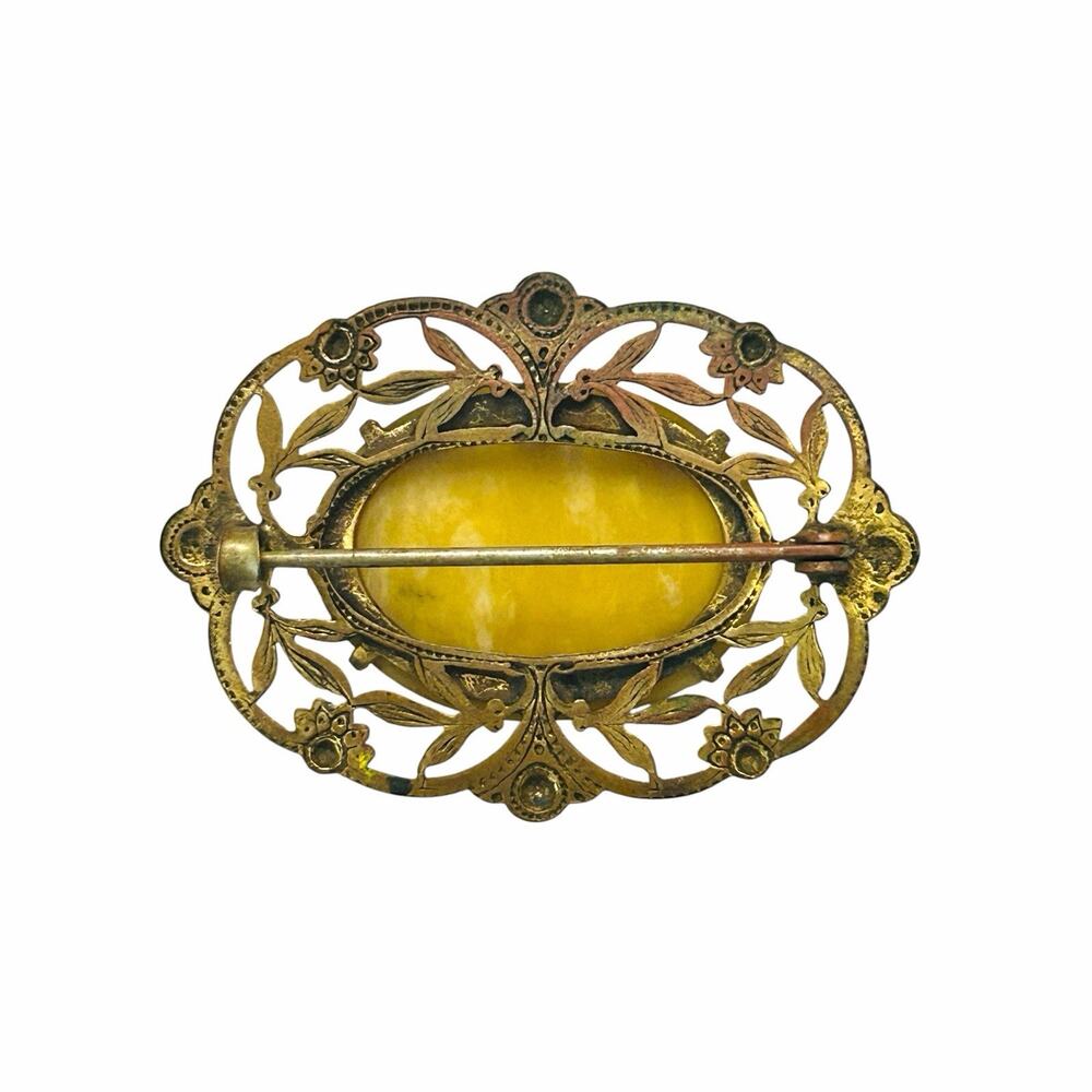 Vintage Amber Cabochon Brooch Filigree Bronze Tone Victorian Revival - Picture 4 of 12